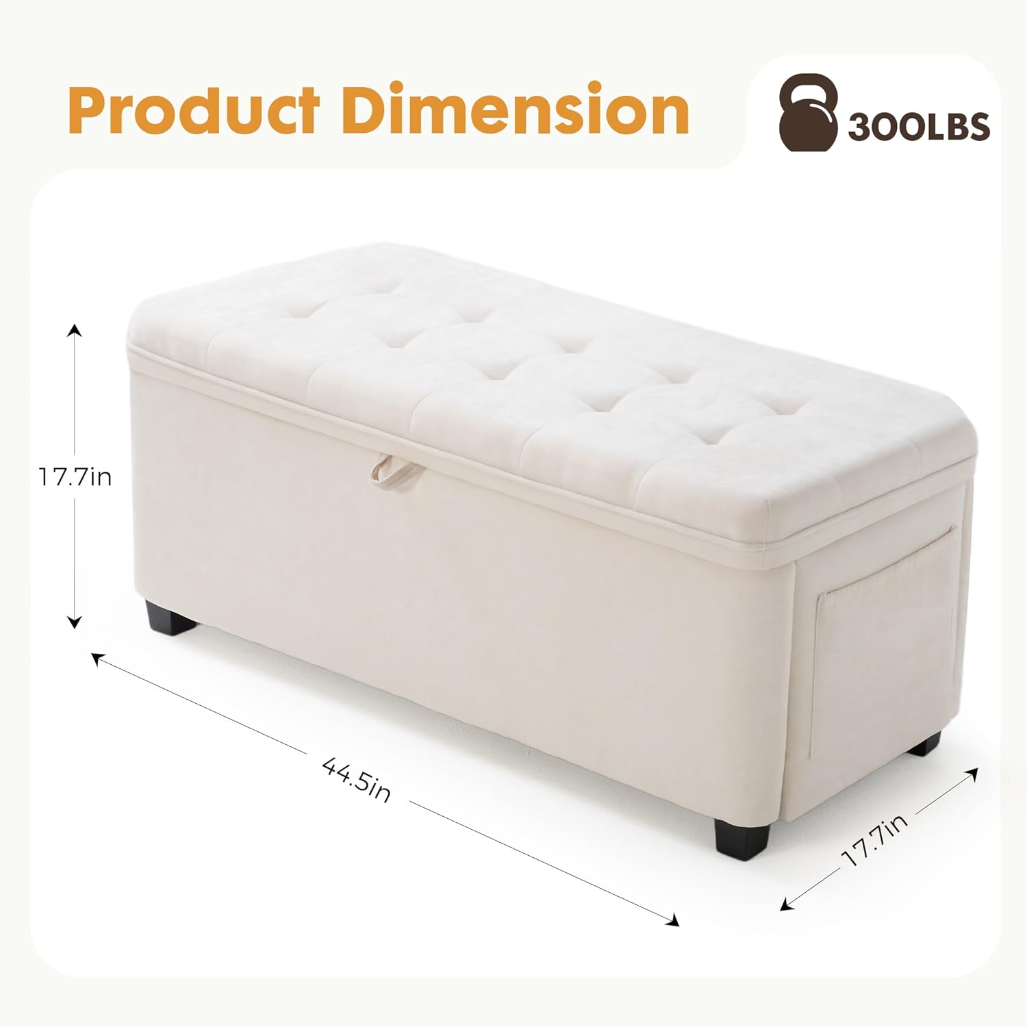45" Storage Ottoman Bench, Tufted Ottoman with Storage for Living Room, Large End of Bed Ottomans, Modern Entryway Benchs, Window & Bedroom Benches for Foot of Bed (Ivory)