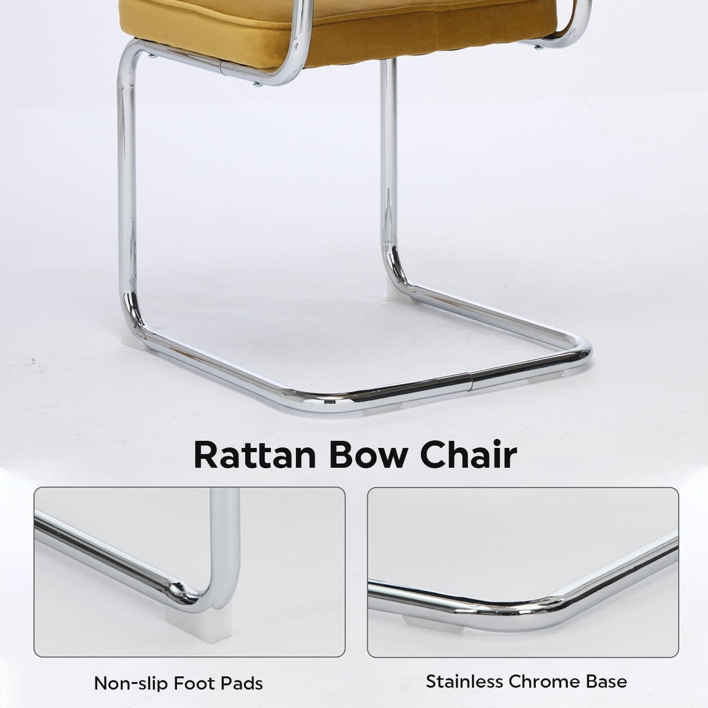 Rattan Dining Chairs Set of 4, Mid Century Kitchen Chairs with Natural Mesh Rattan Backrest & Metal Chrome Legs, Cesca Design Velvet Dining Room Chairs for Kitchen, Gold Yellow(Chair Only)