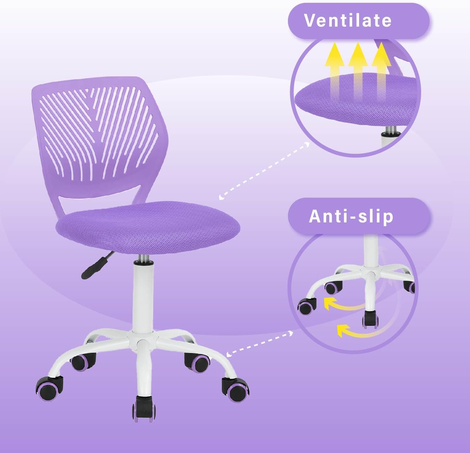 FurnitureR Teens Girls Task Chair 360 Swivel, Low Mid PP Mesh Back Fabric Seat, Height Adjustable, Rolling Castor, W15.7inces x D15.2inces x H29.5-34.2inches (Purple)