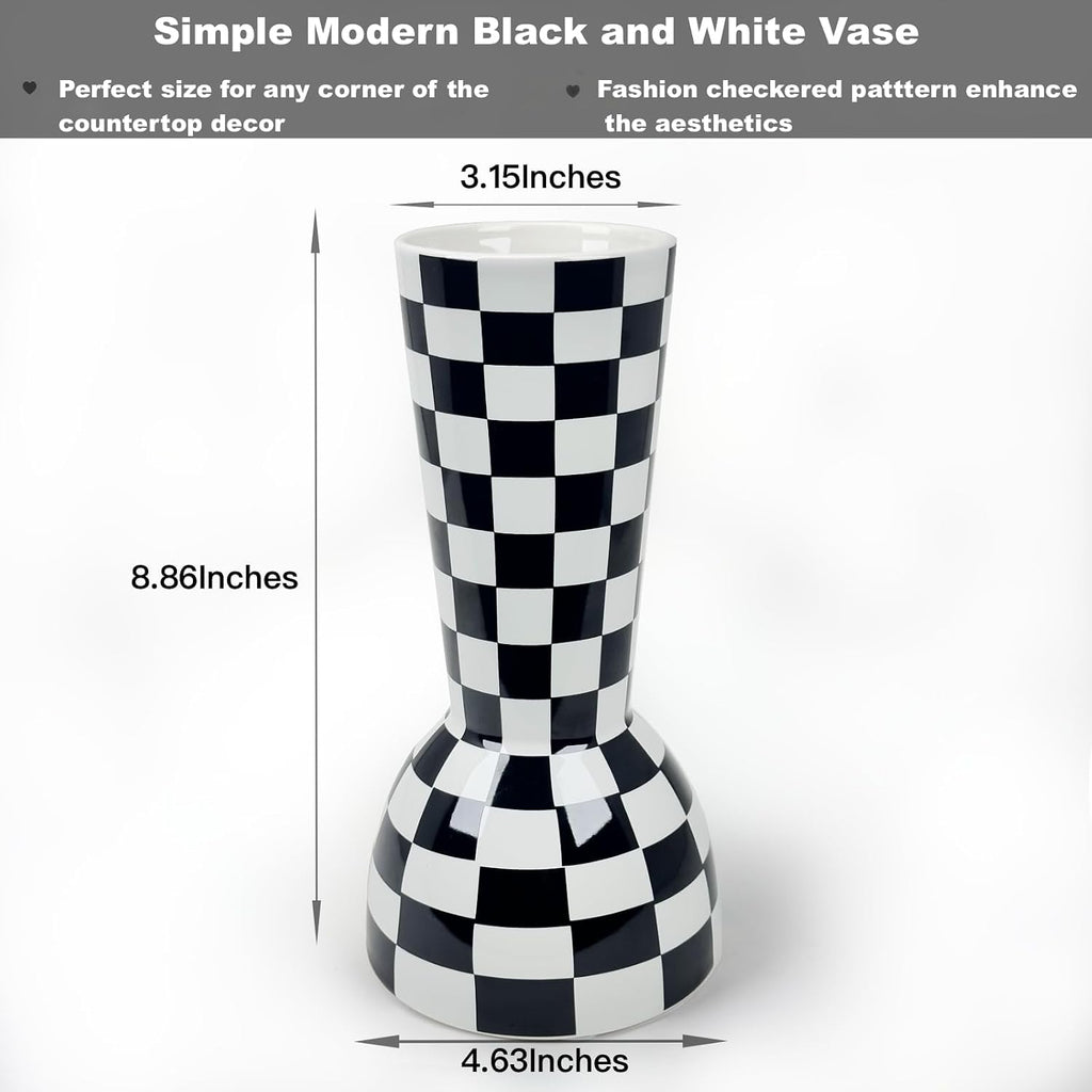 Black and White Checkered Vase, Aesthetic Modern Ins Cool Flower Vases for Home Decor, Entryway Table, Centerpieces Decoration, Kitchen, Living/Dining Room, Bedroom, Bathroom, Coffee Tables (Ceramic)