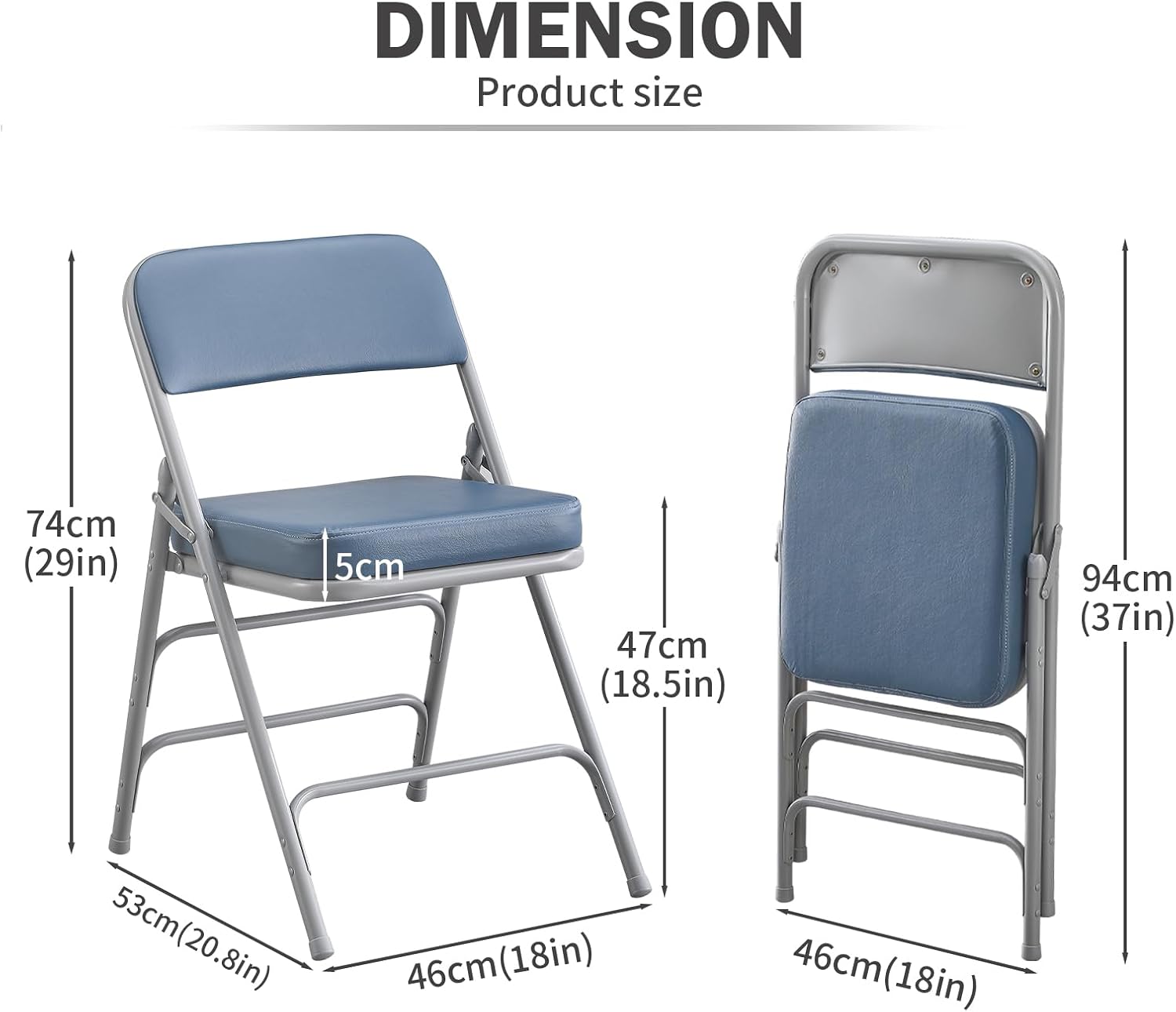Padded Folding Chair, with Thick Cushioned Seat, Portable Metal Frame Foldable Chair for Indoor & Outdoor Use, Durable and Comfortable Upholstered Chair for Home, Office, and Events - Blue