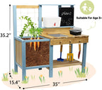 Kids Potting Bench for Outdoor, Fir Wood Gardening Station with Transparent Planter Box, Outside Activity Wooden Table with Sink,Faucet, Garden Accessories, Mud Kitchen for Kids 3+