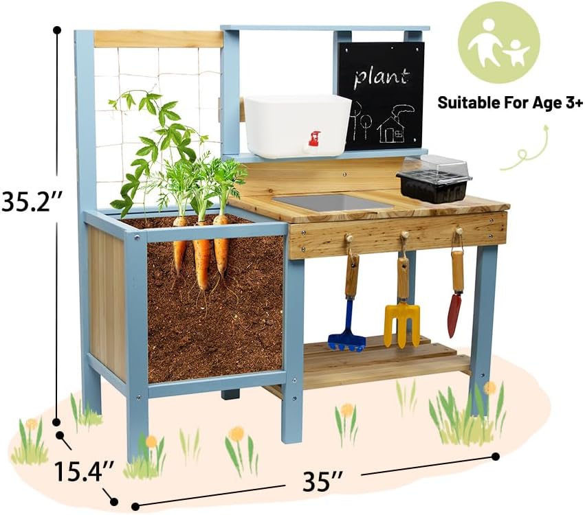 Kids Potting Bench for Outdoor, Fir Wood Gardening Station with Transparent Planter Box, Outside Activity Wooden Table with Sink,Faucet, Garden Accessories, Mud Kitchen for Kids 3+