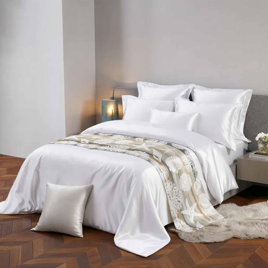 Beige Grey Coastal Bed Runner Scarf Cal King Size, Nautical Beach Starfish Coral Shell Modern Luxury Bed Throw Runners & Scarves for Twin Full Queen King Foot of Beds, Bedroom Decoration, 102"x20"
