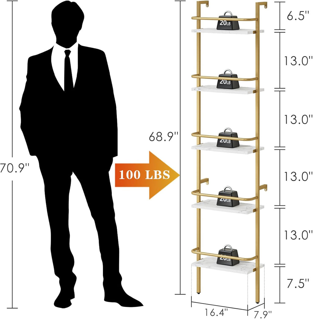 5-Tier Wine Rack Wall Mounted, Wine Racks Freestanding Floor with Fences, 50 Bottles Wine Bottle Holder Liquor Cabinet Bar Shelves for Home, Kitchen, Dining Room (Gold)