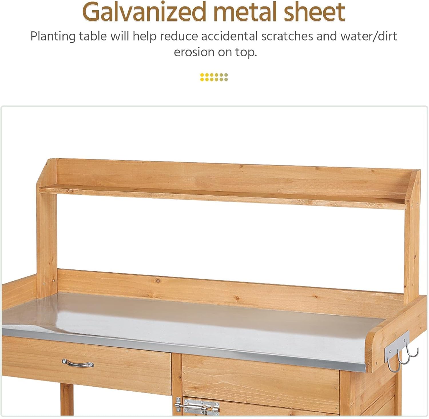 costoffs Potting Bench Wood Garden Potting Table with Cabinet and and Drawers Outdoor Metal Surface Work Bench for Greenhouse with Hooks and Shelf Wood