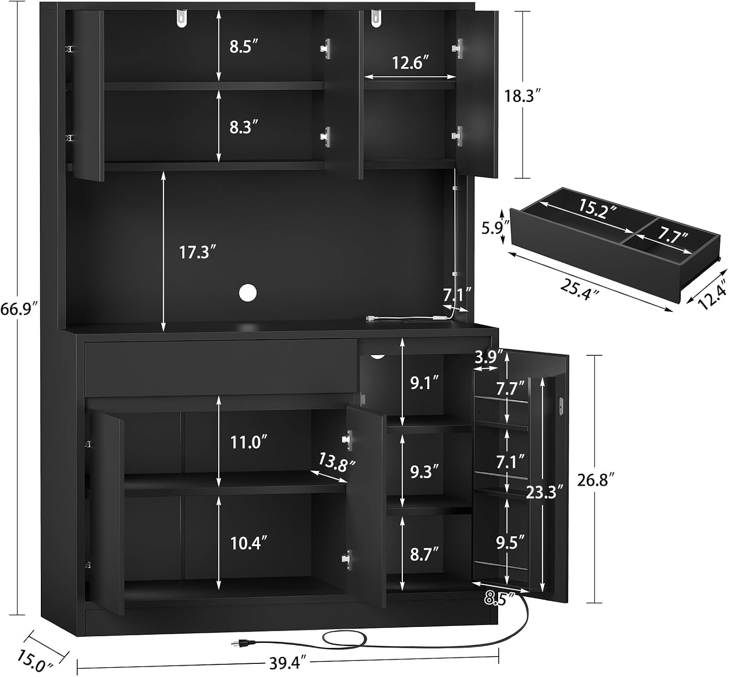 TEENFON Pantry Cabinet with Charging Station and LED Light, Kitchen Pantry Cabinet with Microwave Stand, Kitchen Storage Cabinets with Adjustable Shelves and Door Shelves for Dining Room, Black