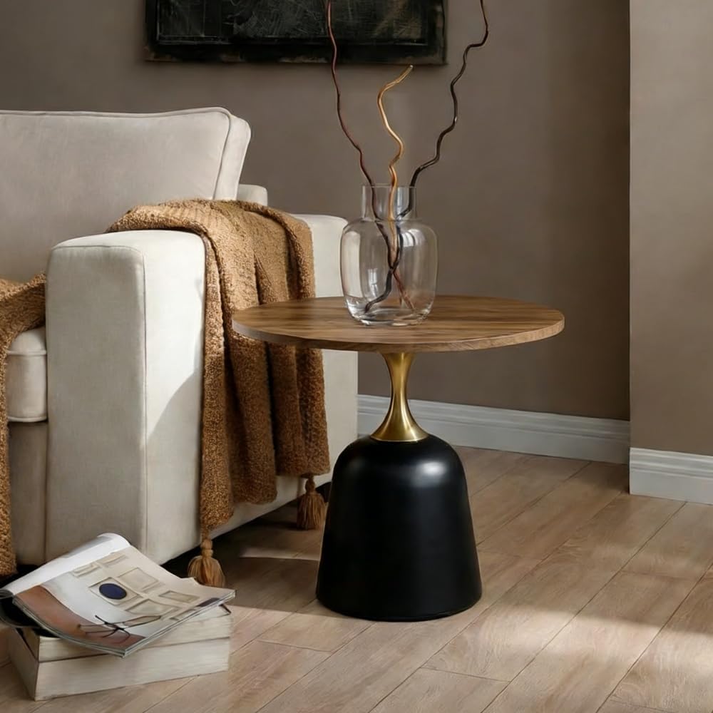 Round Side Table with Walnut Wood Grain Top, Black Metal Base with Gold Accent, Modern Minimalist Coffee Table for Living Room, Bedroom, Office (Walnut)
