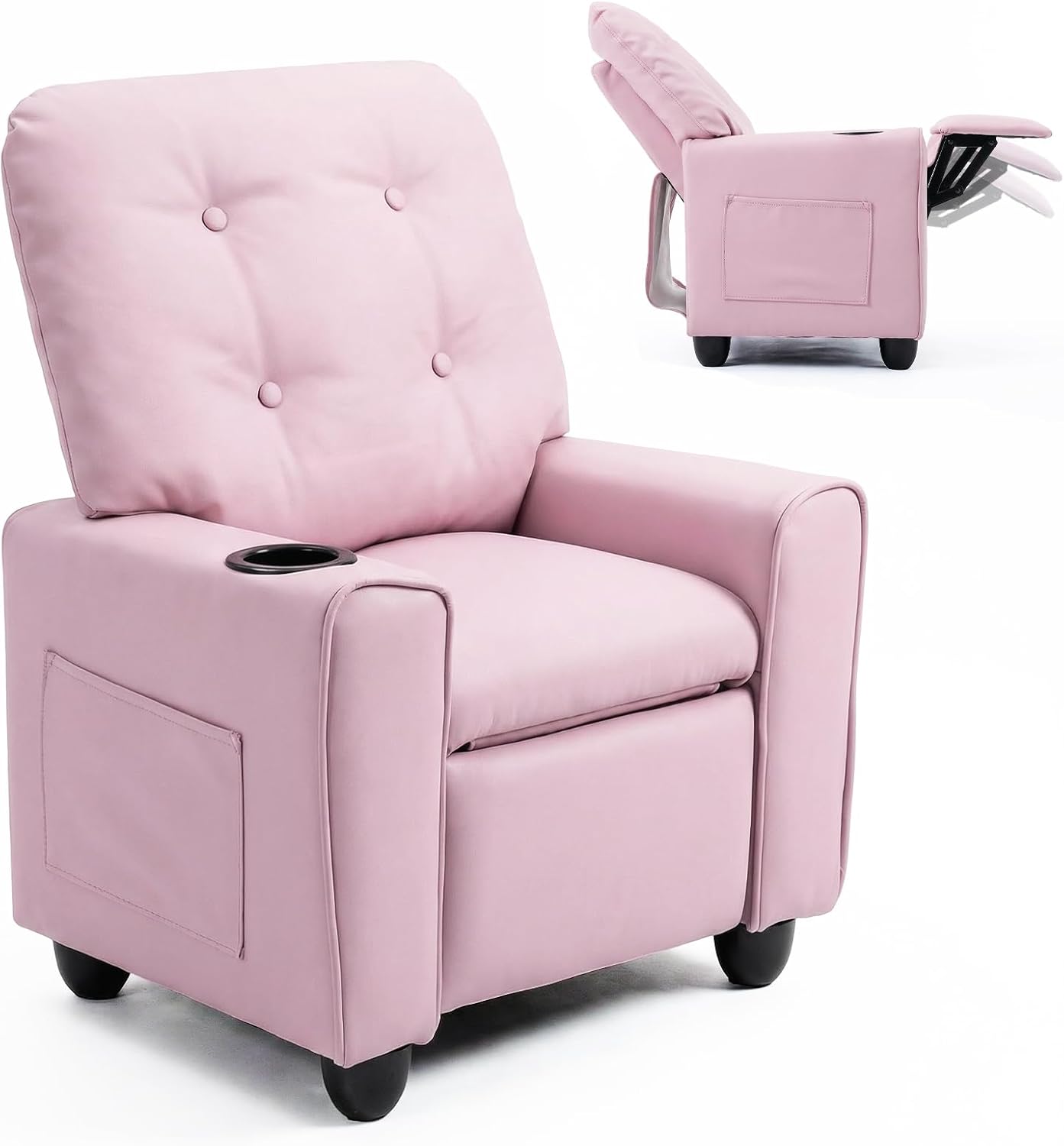 INFANS Kids Recliner, Toddler Lounge Chair with Adjustable Backrest Footrest Cup Holder Side Pockets, PU Leather Toddler Couch