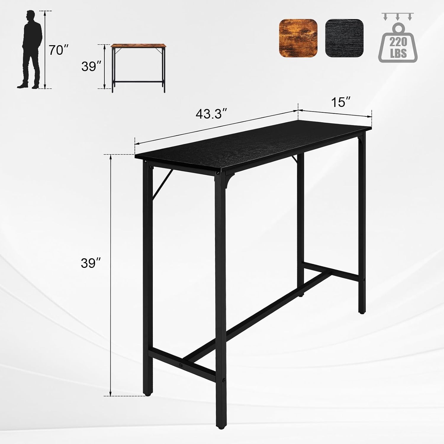 Karl home 43" Rectangular Bar Table, High Top Counter Height Table with Sturdy Metal Legs and Triangular Support, for Small Space, Dining & Kitchen, Home, Easy Assembly, Black