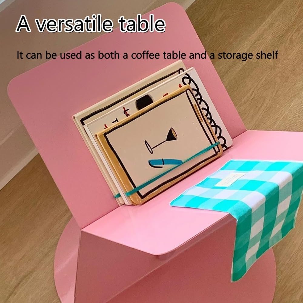 Modern Pink Side Table, Round Stylish End Table, Magazine Rack for Living Room, Multifunctional Accent Table for Bedroom, Metal Couch Table