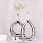 Glossy Silver Vase Ceramic Silver Vases Home Decor,Modern Minimalist Circle with Hole Decorative Vase, Hollow Ellipse Flower vases for Bookshelf, Fireplace Mantle, Centerpieces,Farmhouse,Rustic Décor