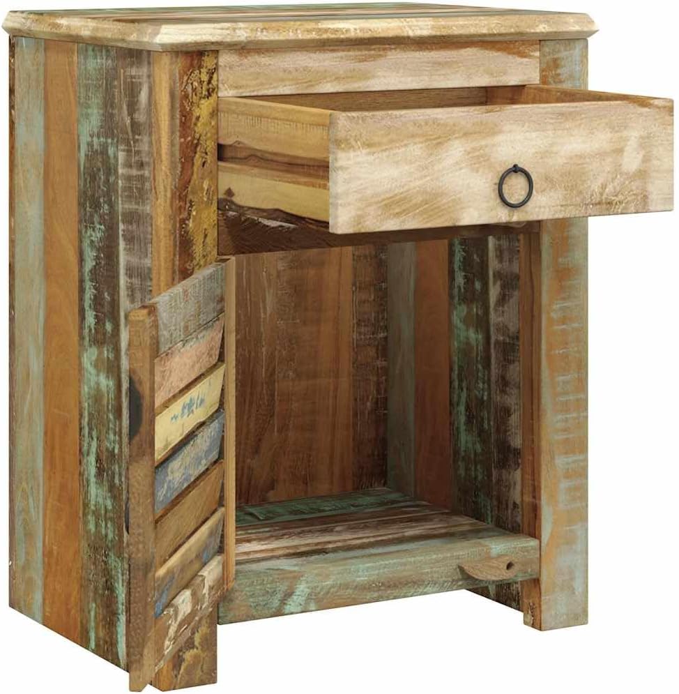 Antique Reclaimed Wood End Table with 1 Drawer and 1 Door, Rustic Nightstand for Living Room or Bedroom, Handmade Storage Cabinet with Vintage Style