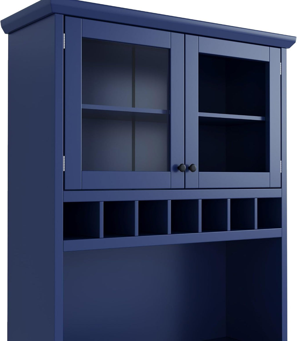74.8 Inch Tall Farmhouse Freestanding Buffet with Hutch, Tall Kitchen Pantry Cabinet, Dining Room Storage Cupboard with Wine Rack and Adjustable Shelves for Dining Room, Living Room,Blue