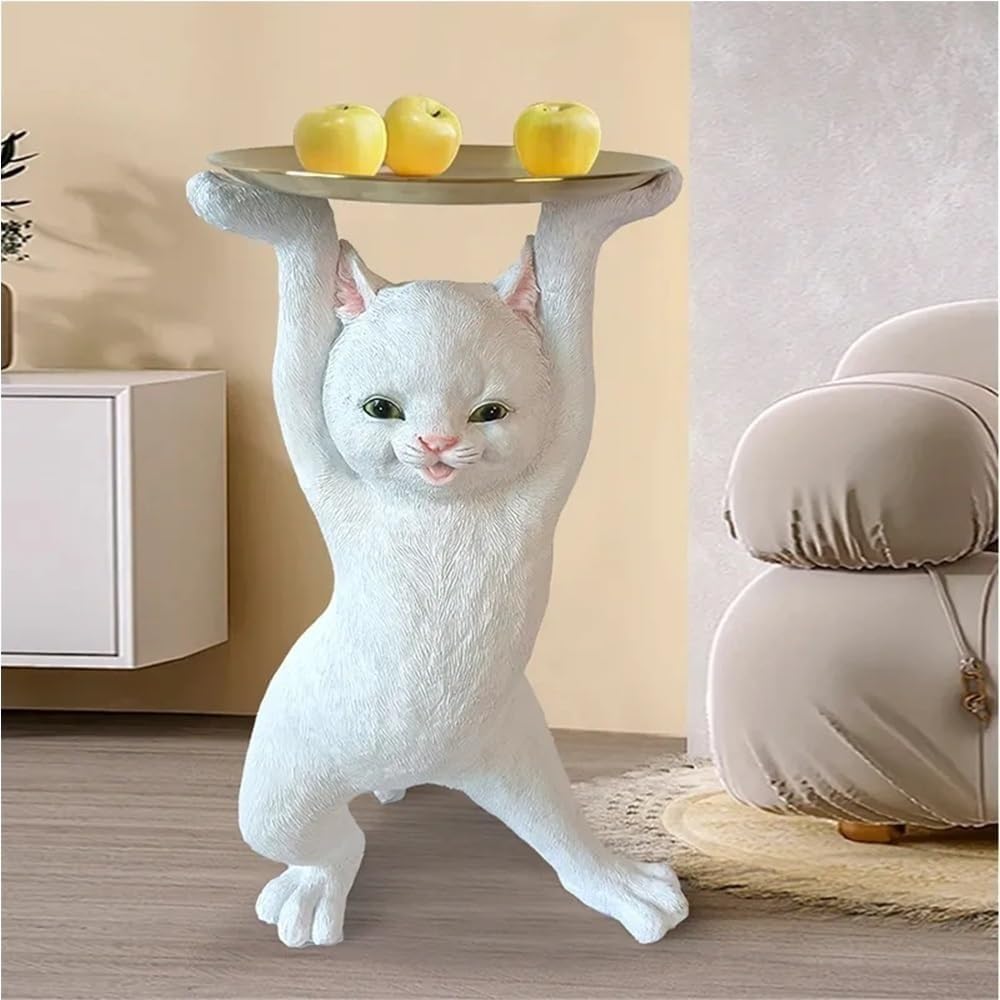 Cat Shape Accent Table with Metal Tray, Side Table for Home, Modern Minimalist Sofa Table, End Table for Living Room, Bedroom, Entryway(White,Small)