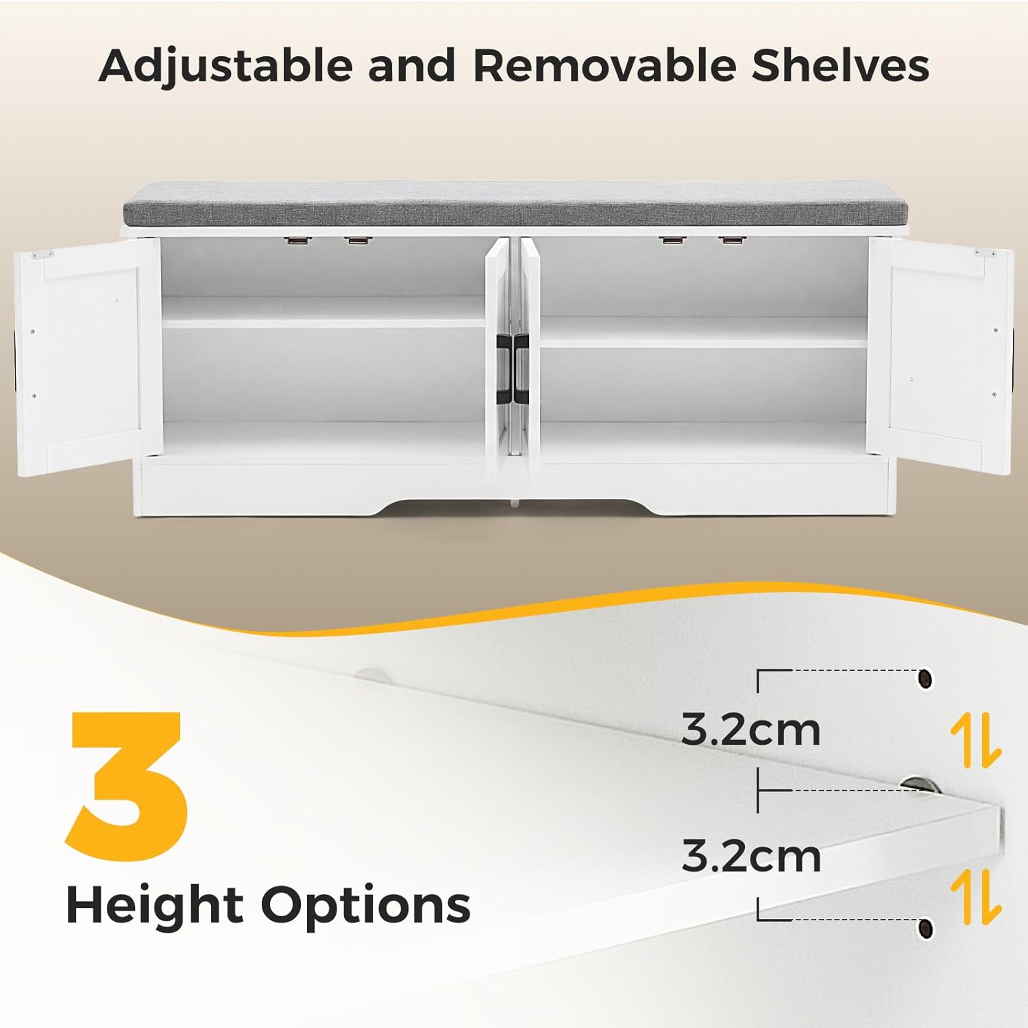 Shoe Bench, 47" Wide Bench with Storage with Padded Seat Cushion, Spacious Shoe Storage Bench with 4 Doors & Adjustable Shelf for Entryway, Bedroom, Living Room, White