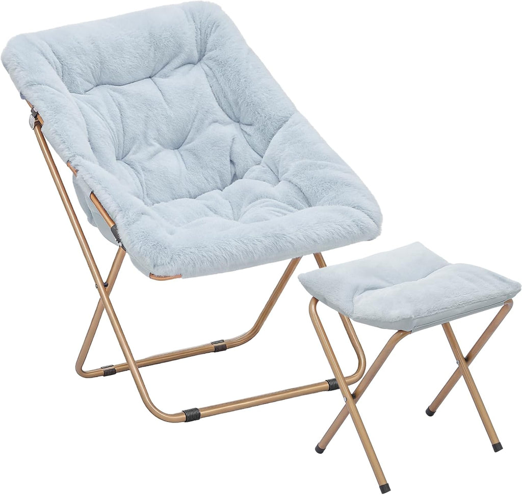 Magshion Oversized Folding Chair for Adults, Reading Chair with Ottoman, Faux Fur Fluffy Circle Accent Seat Comfy Living Room Lounge Chair for Bedroom Corner, Dorm, Apartment (Blue)
