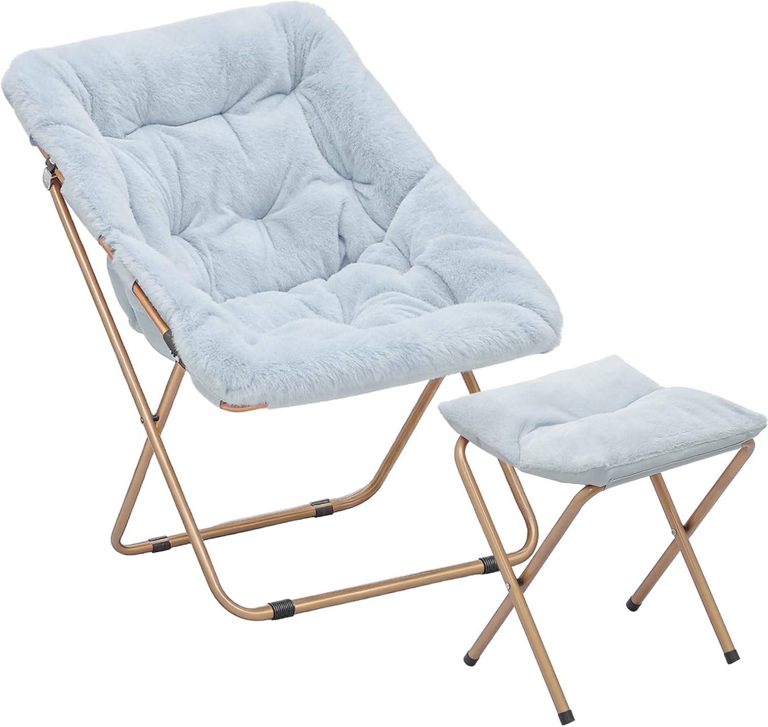 Magshion Oversized Folding Chair for Adults, Reading Chair with Ottoman, Faux Fur Fluffy Circle Accent Seat Comfy Living Room Lounge Chair for Bedroom Corner, Dorm, Apartment (Blue)