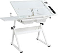 Drafting Table w/Stool, Height Adjustable Multifunctional Art Craft Artists Desk, Tilting Glass Tabletop Diamond Paintings Work Station w/2 Storage Drawers & for Tray Home Office
