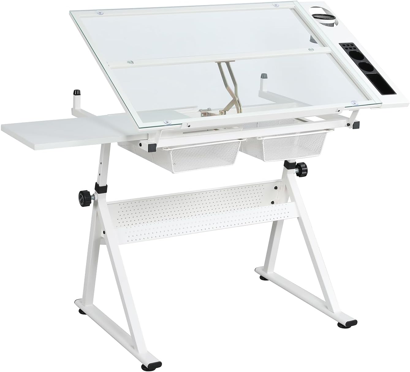 Drafting Table w/Stool, Height Adjustable Multifunctional Art Craft Artists Desk, Tilting Glass Tabletop Diamond Paintings Work Station w/2 Storage Drawers & for Tray Home Office