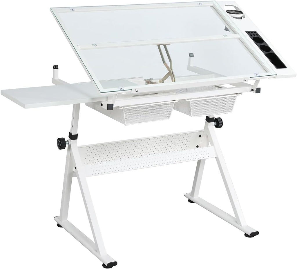 Garvee Drafting Table w/Stool, Height Adjustable Drawing Table, Multifunctional Art Craft Paintings Work Station w/2 Storage Drawers, 0-75° Tilting Glass Tabletop for Home Office, White