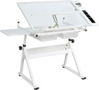 Garvee Drafting Table w/Stool, Height Adjustable Drawing Table, Multifunctional Art Craft Paintings Work Station w/2 Storage Drawers, 0-75° Tilting Glass Tabletop for Home Office, White