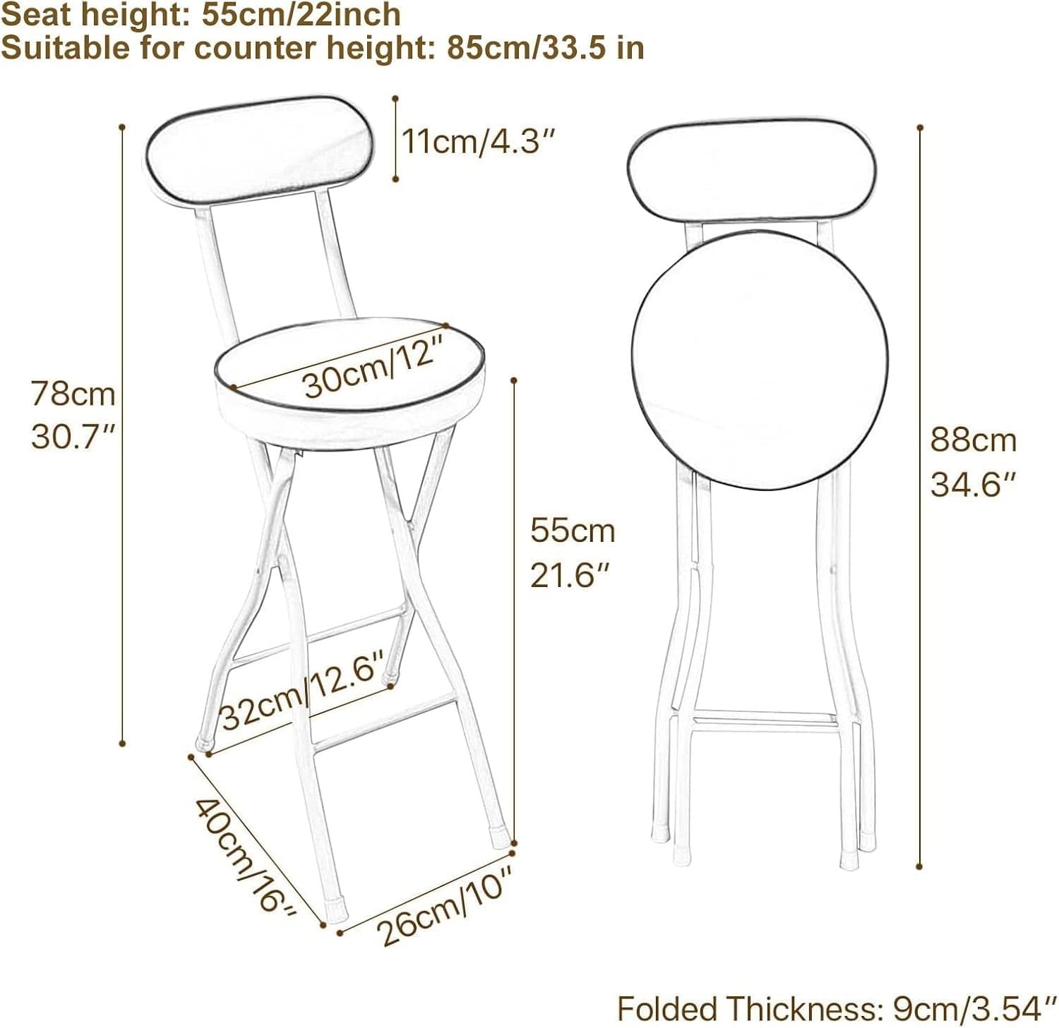 Black Folding Breakfast Kitchen Bar Stool Counter Height High Chair with Backrest Cushioned Padded Footrest(Black,55cm/22inch)