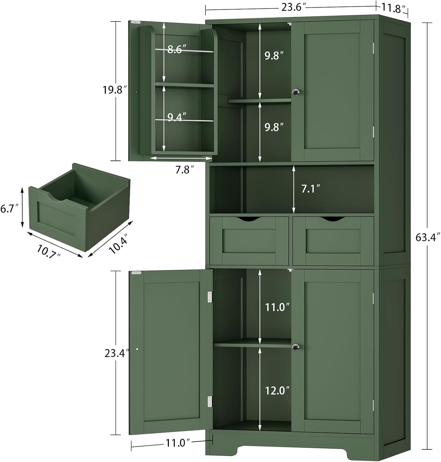 TEENFON Kitchen Pantry Cabinet with Adjustable Shelf, Tall Storage Cabinet with 2 Drawers & 4 Door Shelves, Food Pantry Cabinets, for Kitchen, Dining Room, Living Room, Green