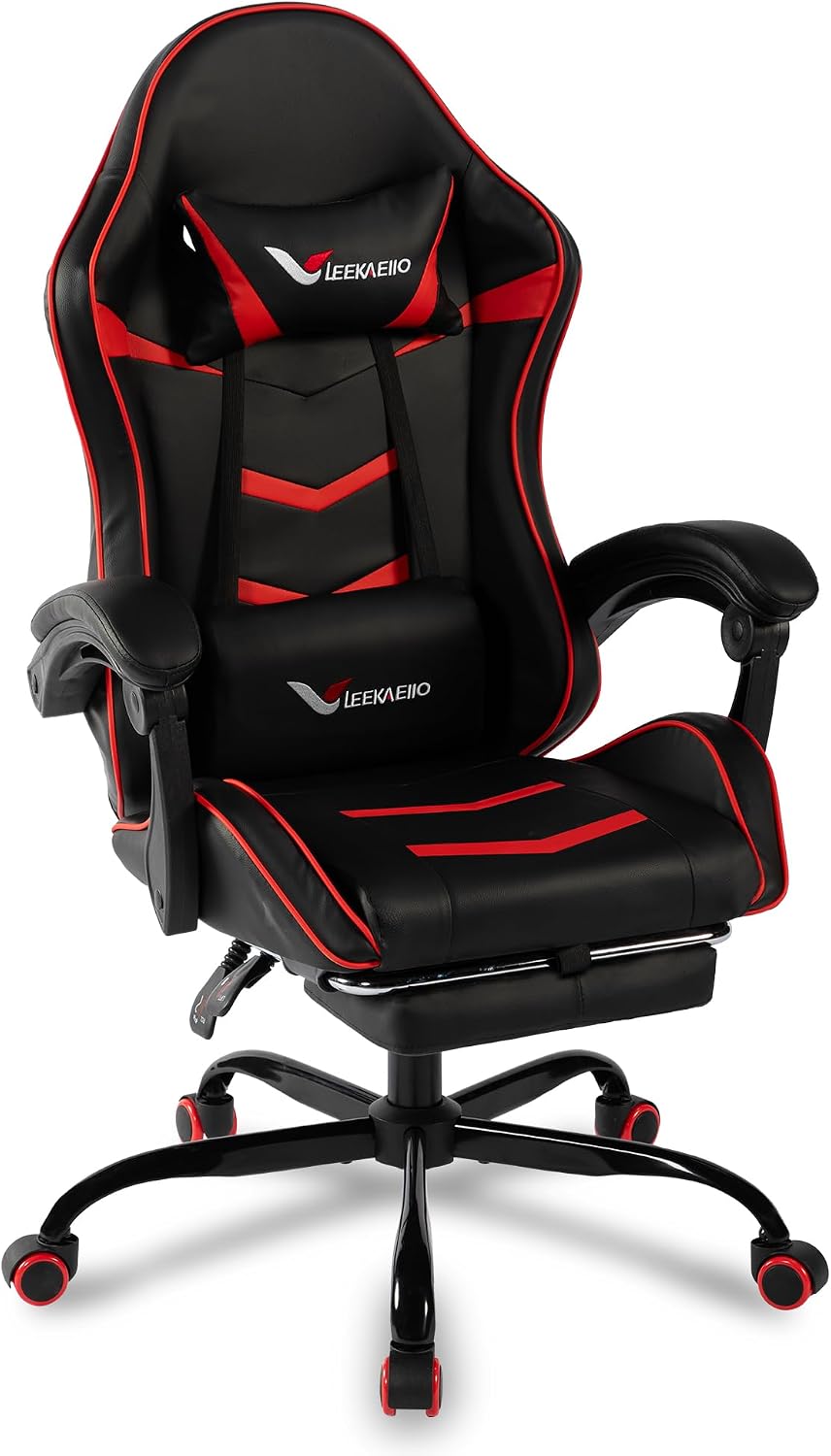 Gaming Chair for Adults, Ergonomic Gamer Chair with Footrest,Pocket Spring Cushion, Computer Office Desk Reclining Chair with Enlarged Metal Base, Linkage Armrests, Lumbar & Headrest Black & Red