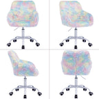 Ya-Home Kids Desk Chair Faux Fur Upholstered Swivel Reading Chair, Cute Adjustable Study Chair with White Wheels for Reading Room Bedroom, Rainbow Color
