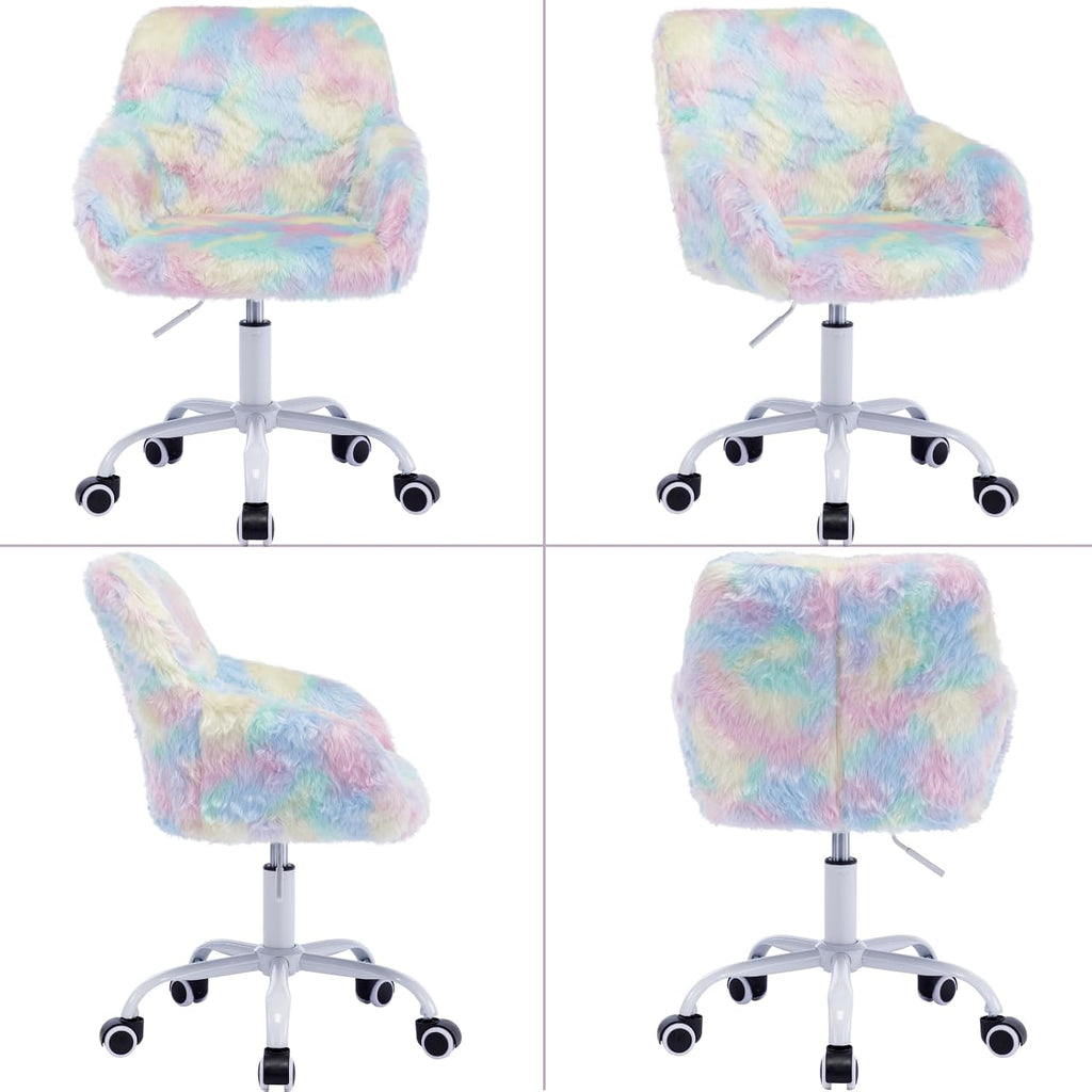 Ya-Home Kids Desk Chair Faux Fur Upholstered Swivel Reading Chair, Cute Adjustable Study Chair with White Wheels for Reading Room Bedroom, Rainbow Color