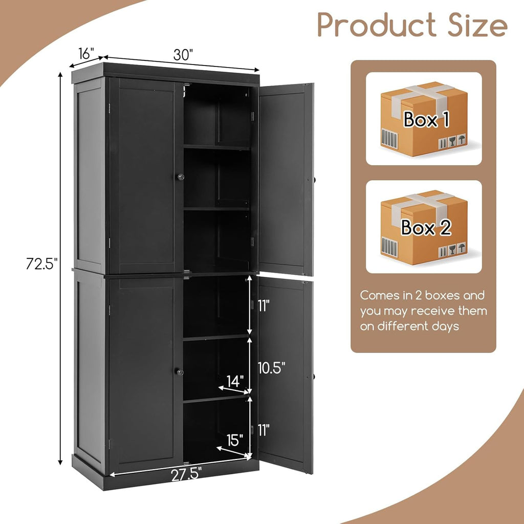 Giantex 4 Door Kitchen Pantry, 72.5” Tall Buffet Cabinet, Freestanding Modern Storage Cabinet Organizer w/ 6-Tier Shelves, 2 Adjustable Shelves, Floor Cupboard for Dining Room, Living Room (Black)