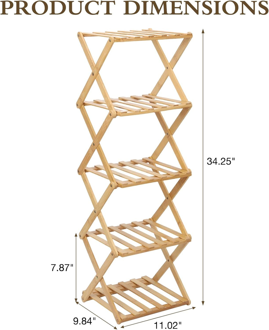 Bamboo Shoe Rack 5 Tier Foldable Shoe Rack Vertical Bamboo Shoe Organizer Free Standing Shelf for Entryway, Closet, Bedroom, Wood Color