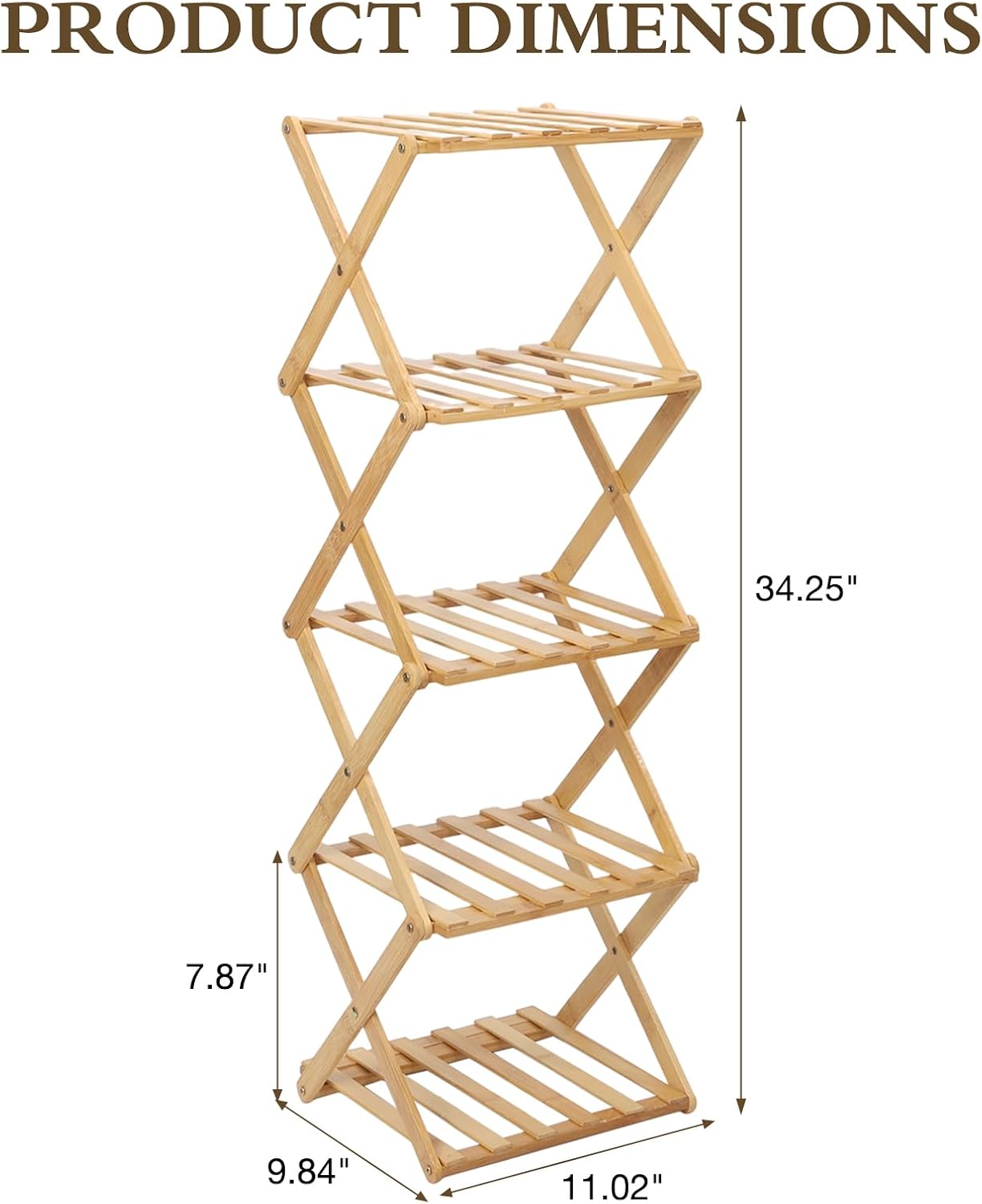 Bamboo Shoe Rack 5 Tier Foldable Shoe Rack Vertical Bamboo Shoe Organizer Free Standing Shelf for Entryway, Closet, Bedroom, Wood Color