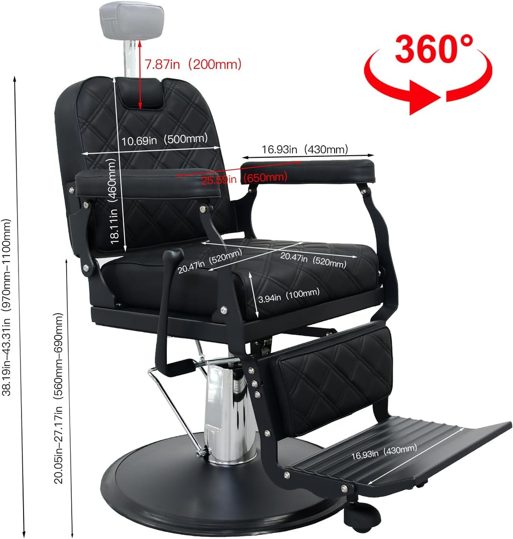 Heavy Duty Vintage Barber Chair，Hydraulic Salon Chair with Headrest for Hairdressers Heavy Tattoo Shampoo Beauty Salon Equipment(Black)