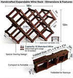 Foldable Wooden Wine Rack, 10-Bottle Expandable Countertop Wine Holder with 8 Individual Slots and Top Storage, Carbonized Pine, No Assembly Required