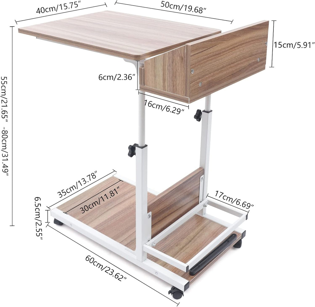 Shaped End Table Adjustable Height C Table with Wheels with Storage Wooden Snack Side Mobile Couch Table for Living Room Bedroom Study Rooms, Dormitories