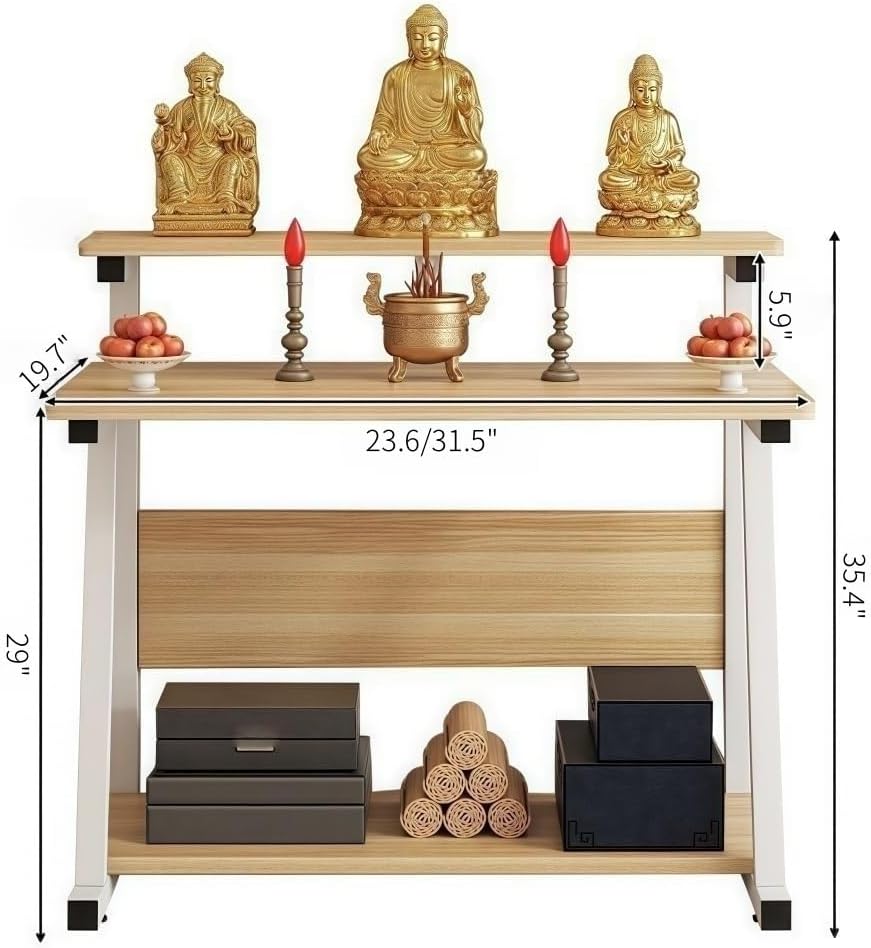 Altar Table with Dual-Tier Design, Compact Home Prayer Table with Storage Shelf for Buddha Statues, Incense, Offering(Brown,Large)
