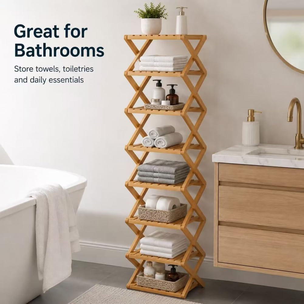 8/9/10-Tier Folding Shoe Rack| Bamboo Wooden Shoe Organizer| Entryway Bedroom Shoe Shelf| Ventilated & Space-Saving