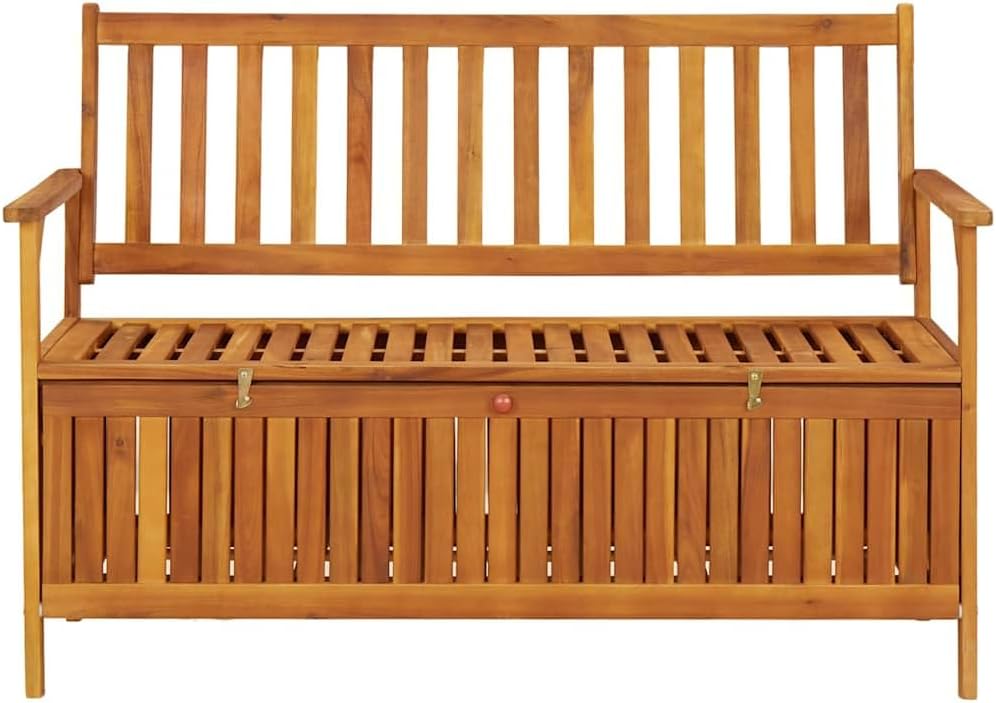 Solid Acacia Wood Patio Storage Bench with Large Storage Compartment, 47.2 Inch Garden Bench with Armrests and Backrest for Home and Garden