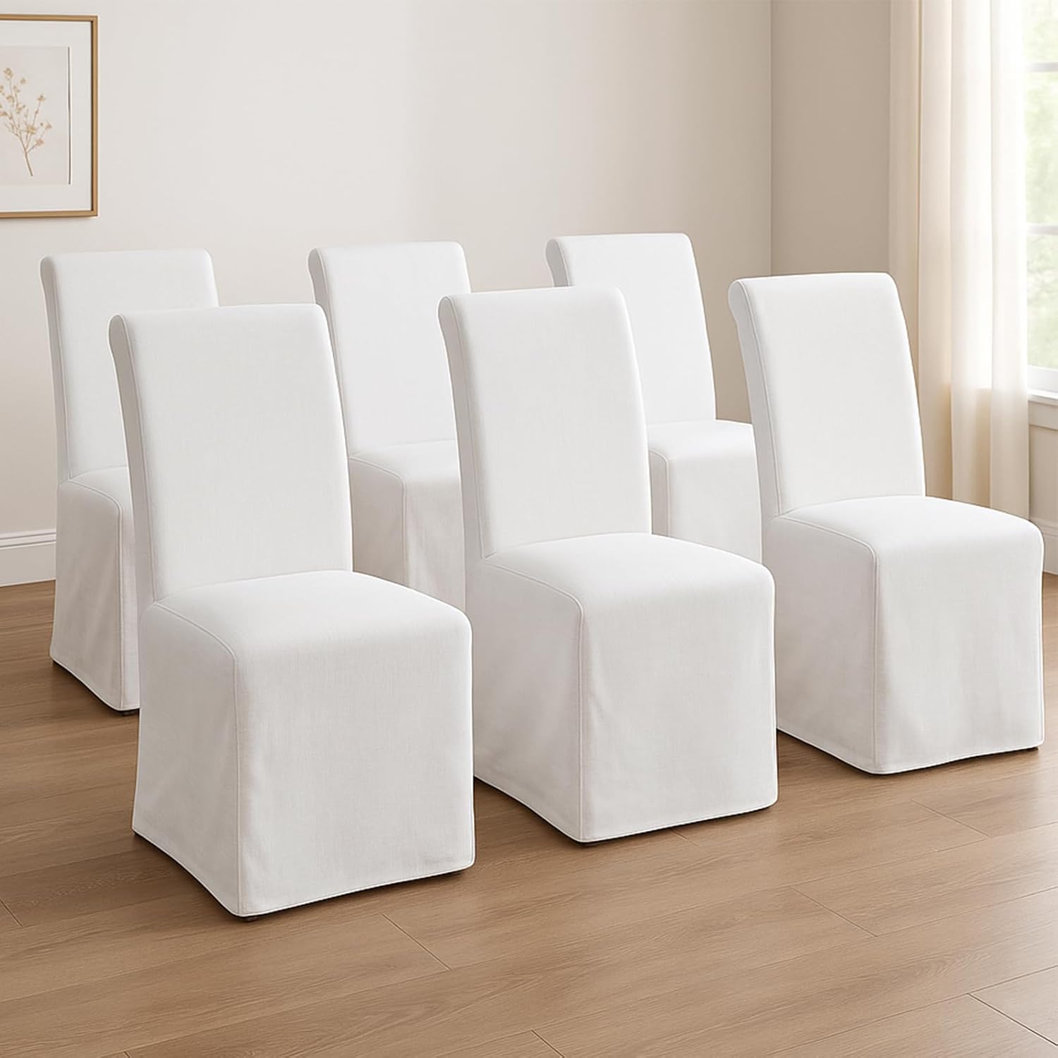 Parsons Dining Chairs Set of 6, Upholstered Slipcovered Dining Room Chairs with Removable Washable Skirt, High Back Kitchen Chairs with Solid Wood Legs, Cream White Linen Fabric