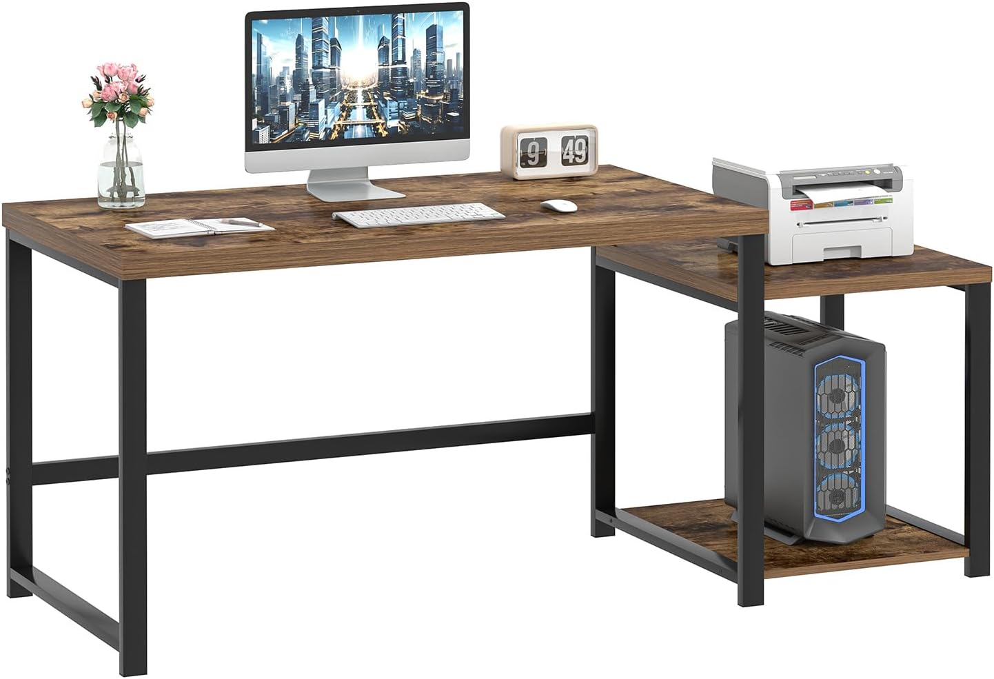 FOLUBAN Large Computer Desk for Home Office with Printer Space, Wood Study Gaming Workstation Table with Storage Shelves, Long Writing Desk for Bedroom Living Room, Rustic Brown, 63 Inch