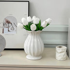 White Vase, Modern Ceramic Flower Vase for Home Décor, Wavy Edge Ribbed Design Pedestal Vases, Minimalism Flared Vases for Living Room Table Centerpieces (7.5" H x 4.5" W)