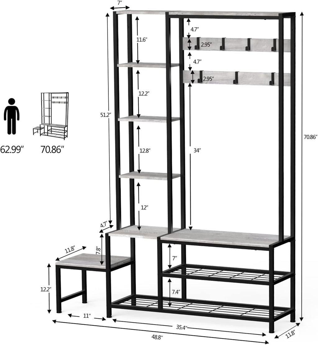 Espelism Hall Tree with Shoe Storage Bench Coat Rack with 7 Hooks Interchangeable 4 Tier Side Storage Shelves Small Cute Side Bench Industrial 5-in-1 Entryway Coat Rack for Hallway Mudroom Bedroom