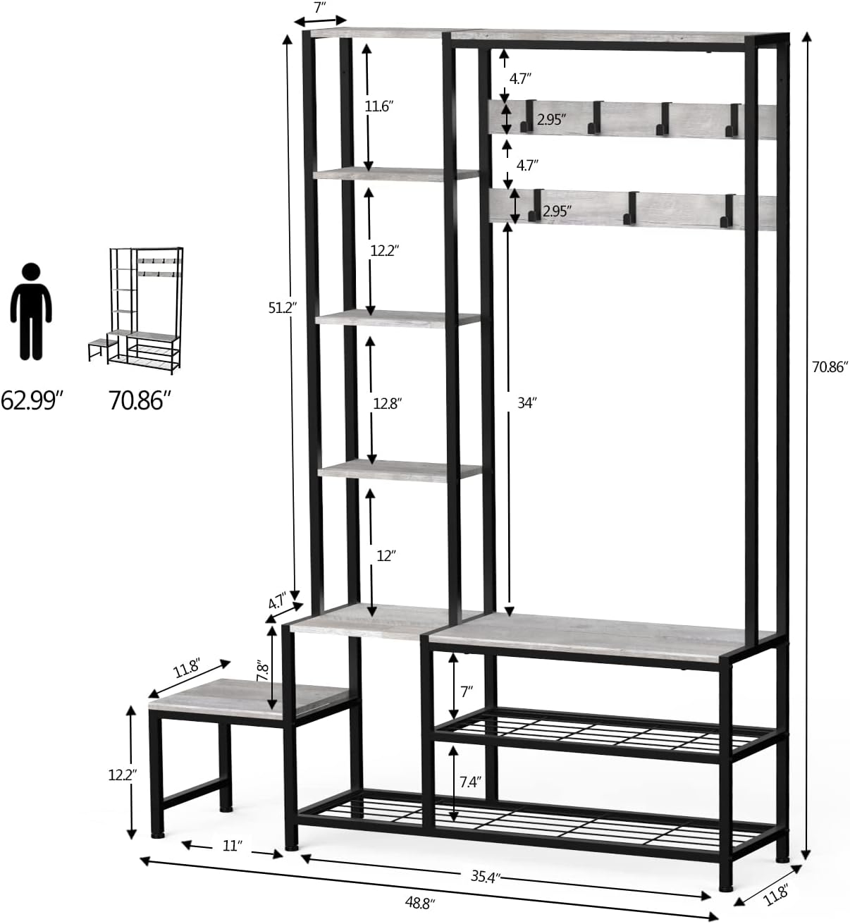 Espelism Hall Tree with Shoe Storage Bench Coat Rack with 7 Hooks Interchangeable 4 Tier Side Storage Shelves Small Cute Side Bench Industrial 5-in-1 Entryway Coat Rack for Hallway Mudroom Bedroom