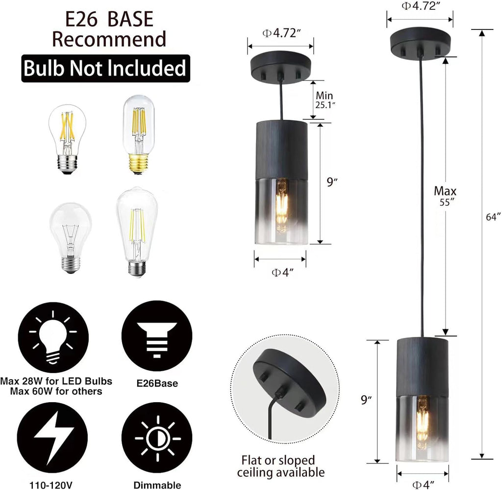 3-Pack Black Pendant Light Fixtures, Adjustable Modern Pendant Lights for Kitchen Island, Industrial Glass Pendant Lights for Dining Table Hallway Bedroom Living Room