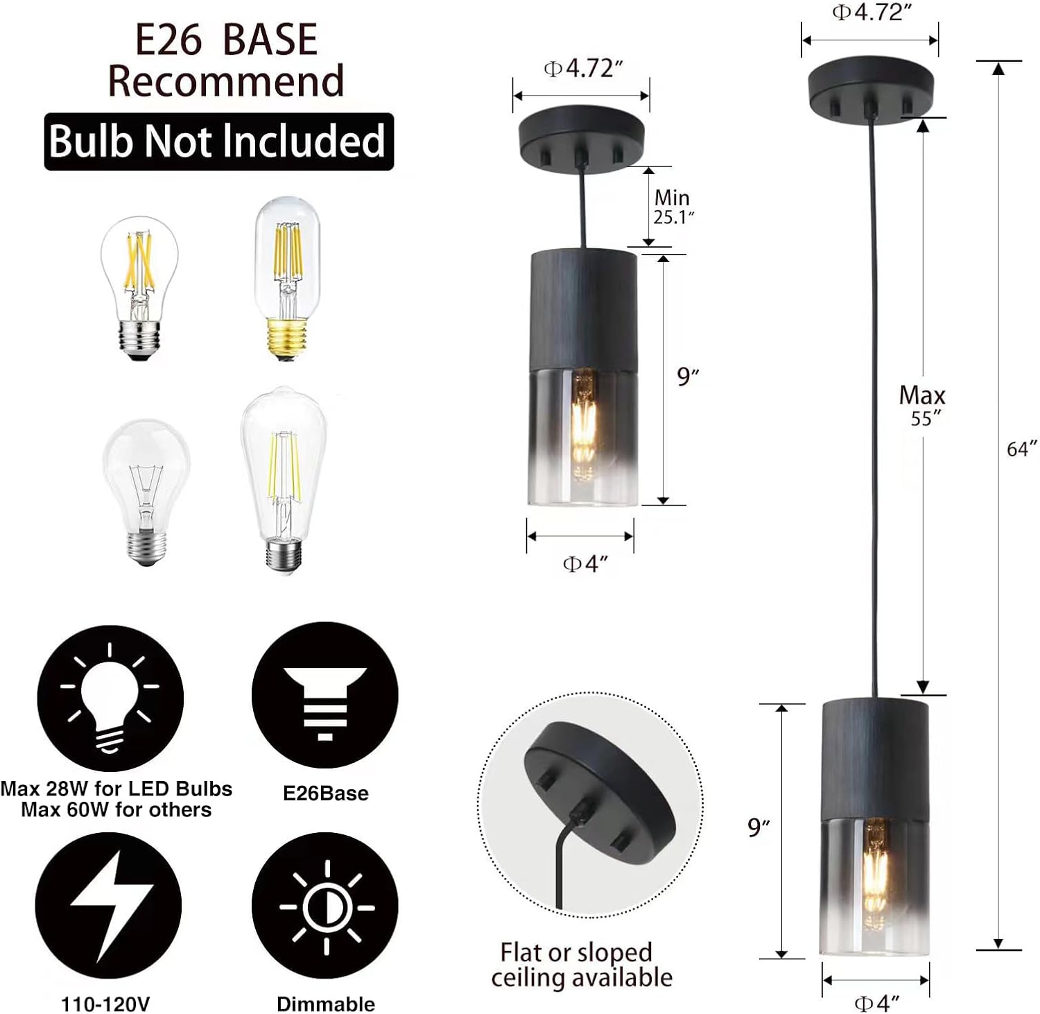 3-Pack Black Pendant Light Fixtures, Adjustable Modern Pendant Lights for Kitchen Island, Industrial Glass Pendant Lights for Dining Table Hallway Bedroom Living Room