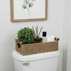 CubesLand Small Wicker Toilet Basket Tray Organizer W/Cut Out Handle, Handwoven Slim Decorative Basket for Countertop, Shelves And for Rustic Home Decor, Living Room, Nursery Organization, Neutral