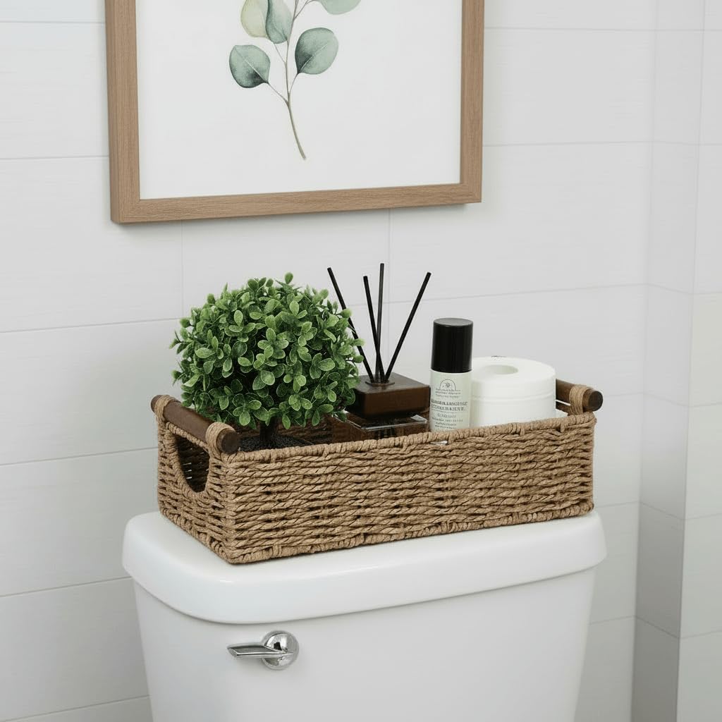 CubesLand Small Wicker Toilet Basket Tray Organizer W/Cut Out Handle, Handwoven Slim Decorative Basket for Countertop, Shelves And for Rustic Home Decor, Living Room, Nursery Organization, Neutral
