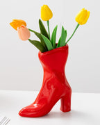 Ceramic Boot Vase for Modern Home Decor,7.9" High Heel Bootie Flower Vase,Quirky Funky Aesthetic Room Decor,Trendy Coffee Table Centerpiece for Women(Red)